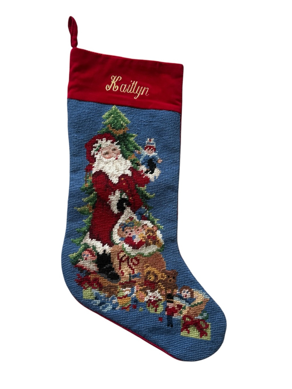 Vintage Lillian Vernon Kaitlyn Needlepoint Santa Christmas Stocking Wool Velvet